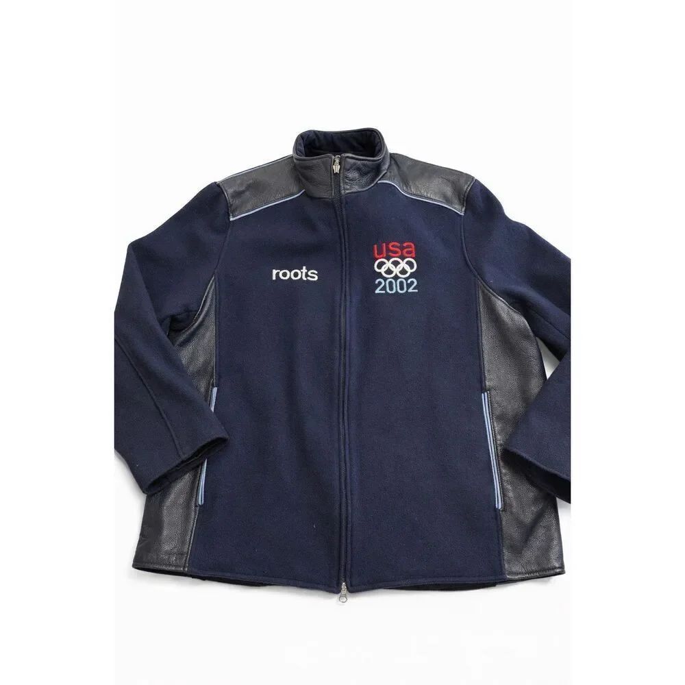 Vtg 2002 Team USA Olympics Roots Official Outfitter Leather Wool Jacket Large